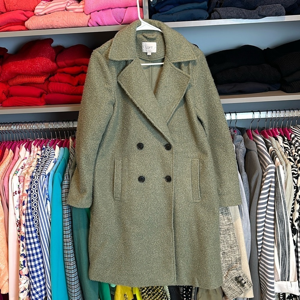 Loft sage double breasted long coat size XS